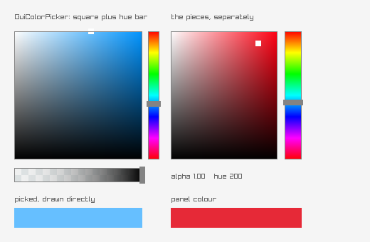 GuiColorPicker's square-plus-hue-bar control next to the separate square, hue bar and alpha bar it is assembled from, both showing a blue color