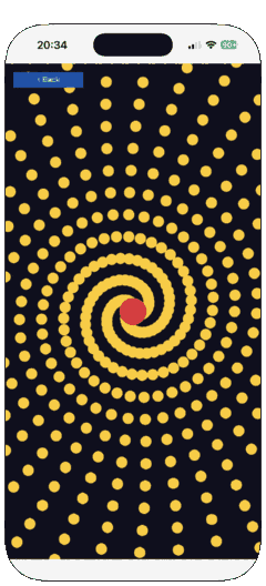 A three-armed spiral of gold bullets leaving a red emitter