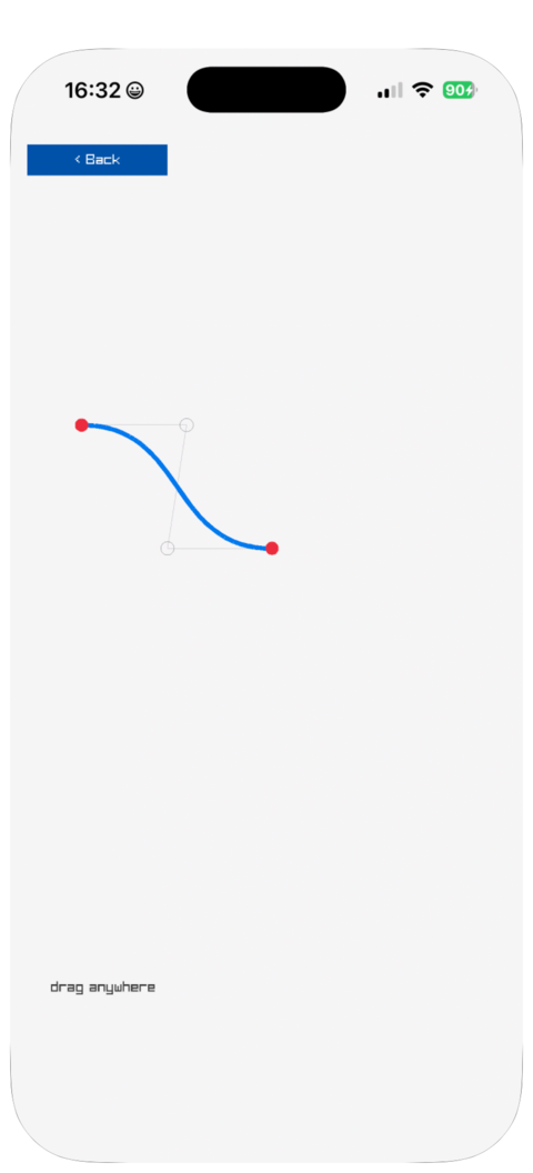 A cubic Bezier with its control polygon, following a finger