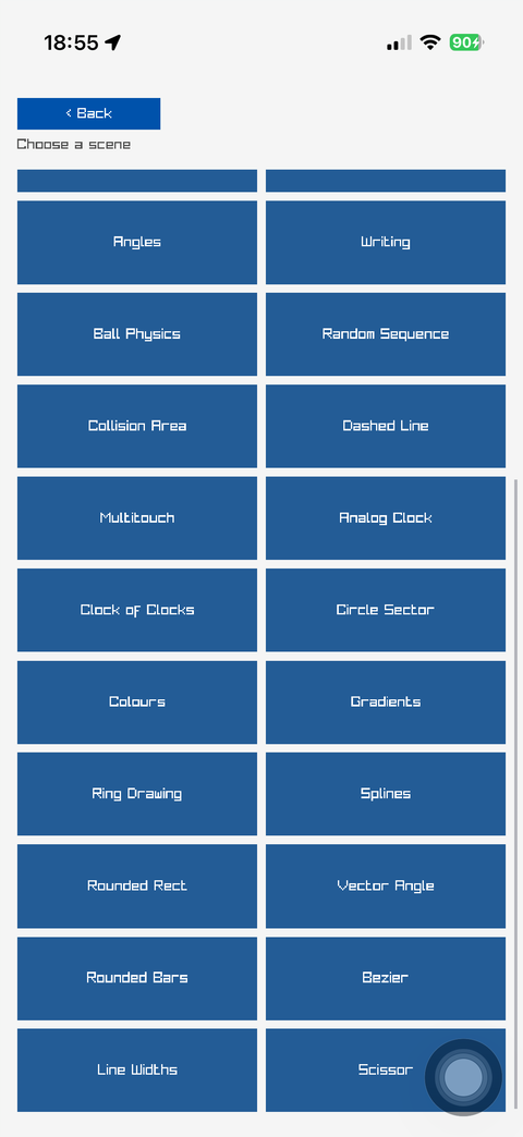 The scene list inside Toys, twenty cards in two columns
