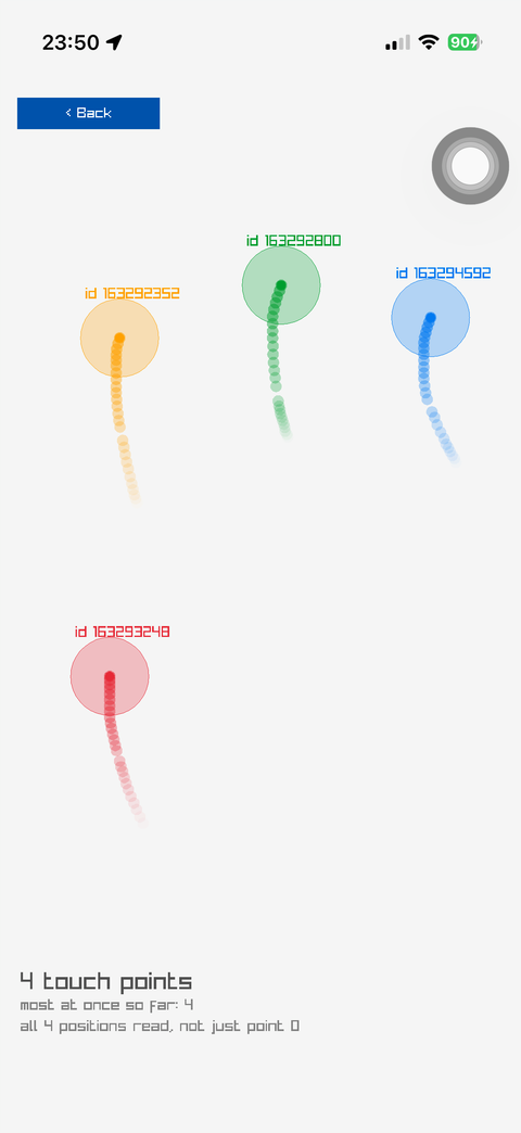 Four fingers on the screen, each drawn in its own colour with its raylib id