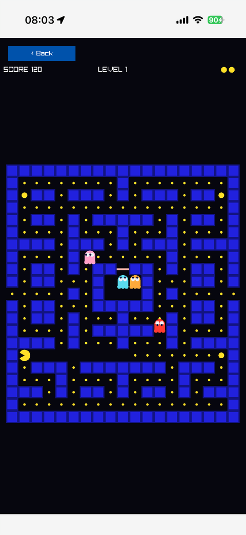Pac-Man in a blue maze with four ghosts, score 120