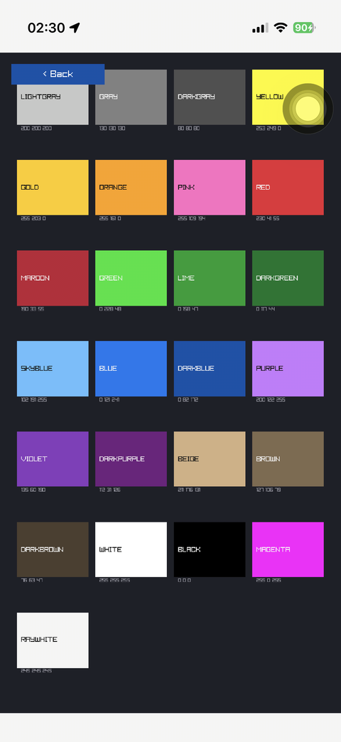 All twenty-five colours raylib names, as labelled swatches