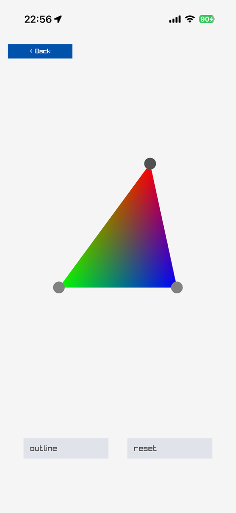 A triangle shaded red, green and blue at its corners, one corner mid-drag