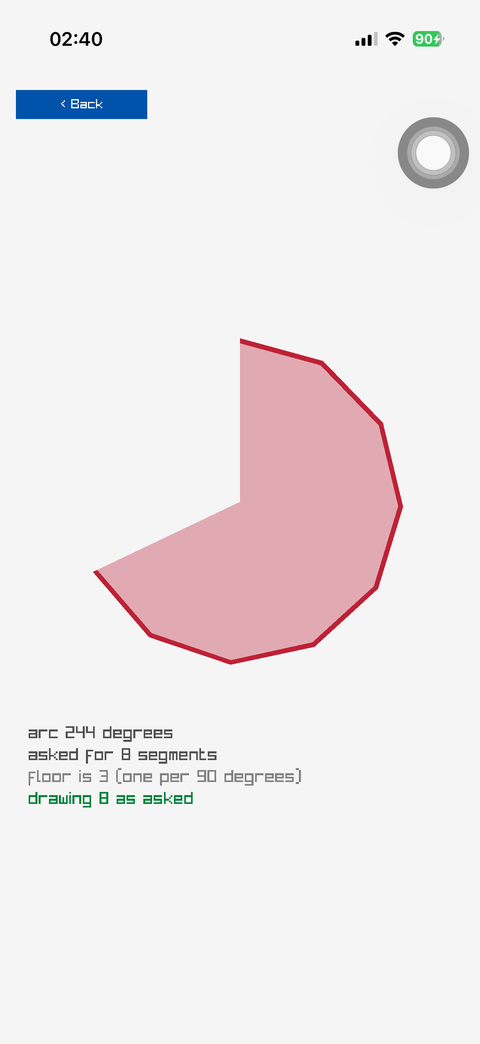 A pie slice drawn with eight segments, showing its polygon edges