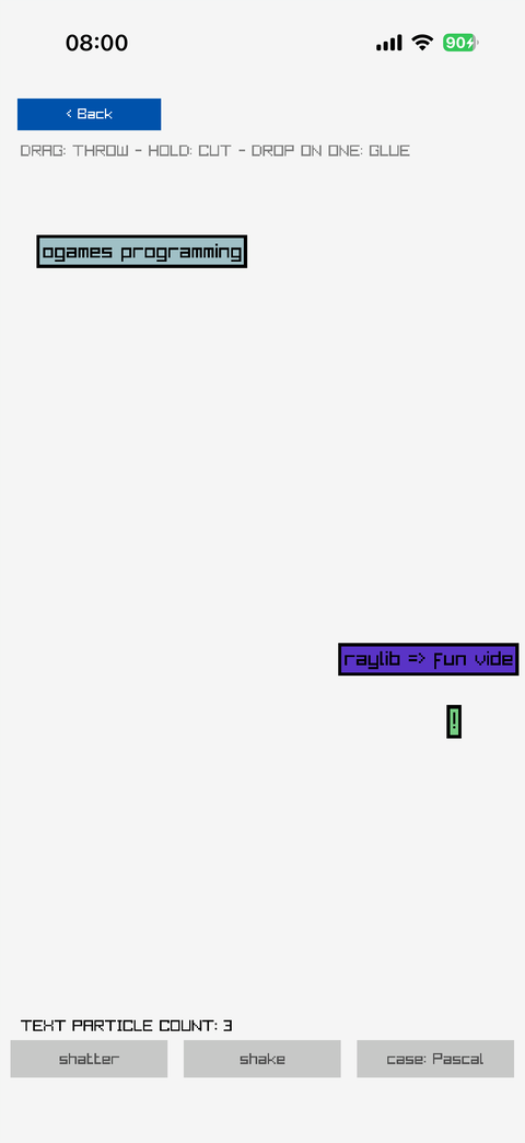 Three text particles, a sentence cut and shaken apart, with shatter, shake and case buttons
