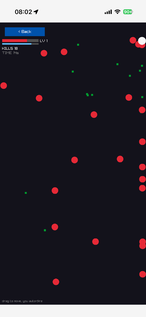 Vampire Survivors mid-wave, the hero in a corner with red enemies closing in and green gems on the floor