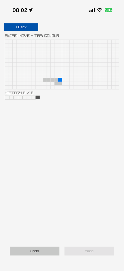 A grid with a grey trail ending in a blue square, the history strip below and undo and redo buttons at the bottom