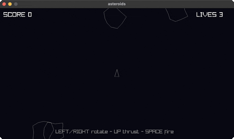 Asteroids: a ship rotating, thrusting and splitting asteroids