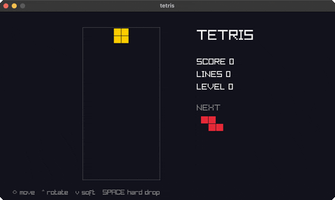 Tetris: falling tetrominoes stacking in a well